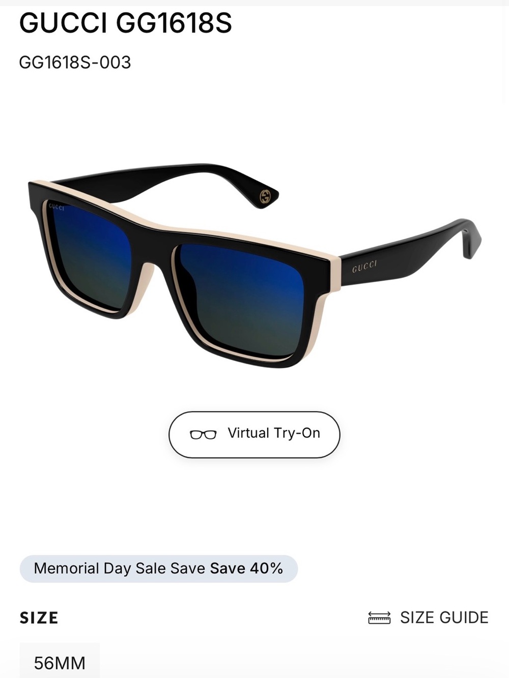 Gucci Black & Beige Frame Sunglasses with Blue Lenses